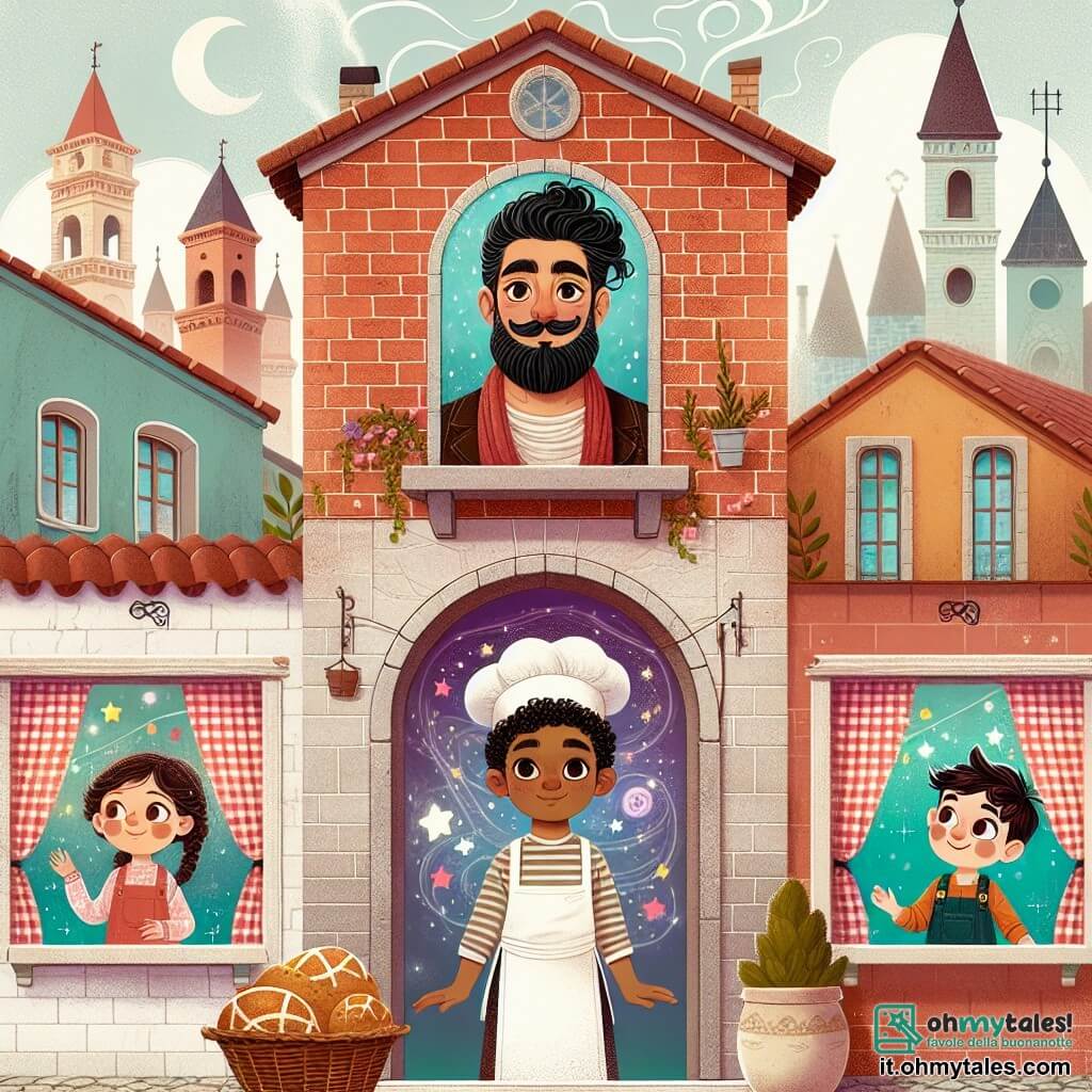 Une illustration destinée aux enfants représentant un boulanger magicien, un garçon curieux et ses amis, une charmante boulangerie aux murs en briques rouges et aux fenêtres ornées de rideaux à carreaux, située dans la pittoresque petite ville de Campagnola.