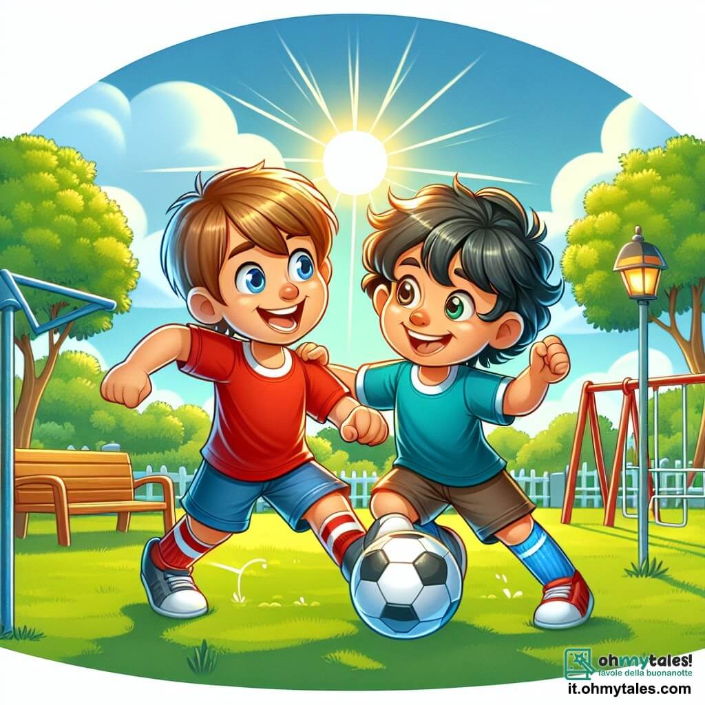 Une illustration sous forme de dessin destinée aux enfants représentant un parc ensoleillé avec des arbres verdoyants et un terrain de jeu, où un garçon de 8 ans aux cheveux bruns et aux yeux bleus, vêtu d'un t-shirt rouge et de shorts, s'apprête à tirer au but avec un ballon de football, tandis qu'un autre garçon de 8 ans aux cheveux noirs et bouclés, souriant et portant un maillot bleu, l'encourage en levant les bras, capturant ainsi l'esprit de l'amitié et de la camaraderie pendant une partie de football.
