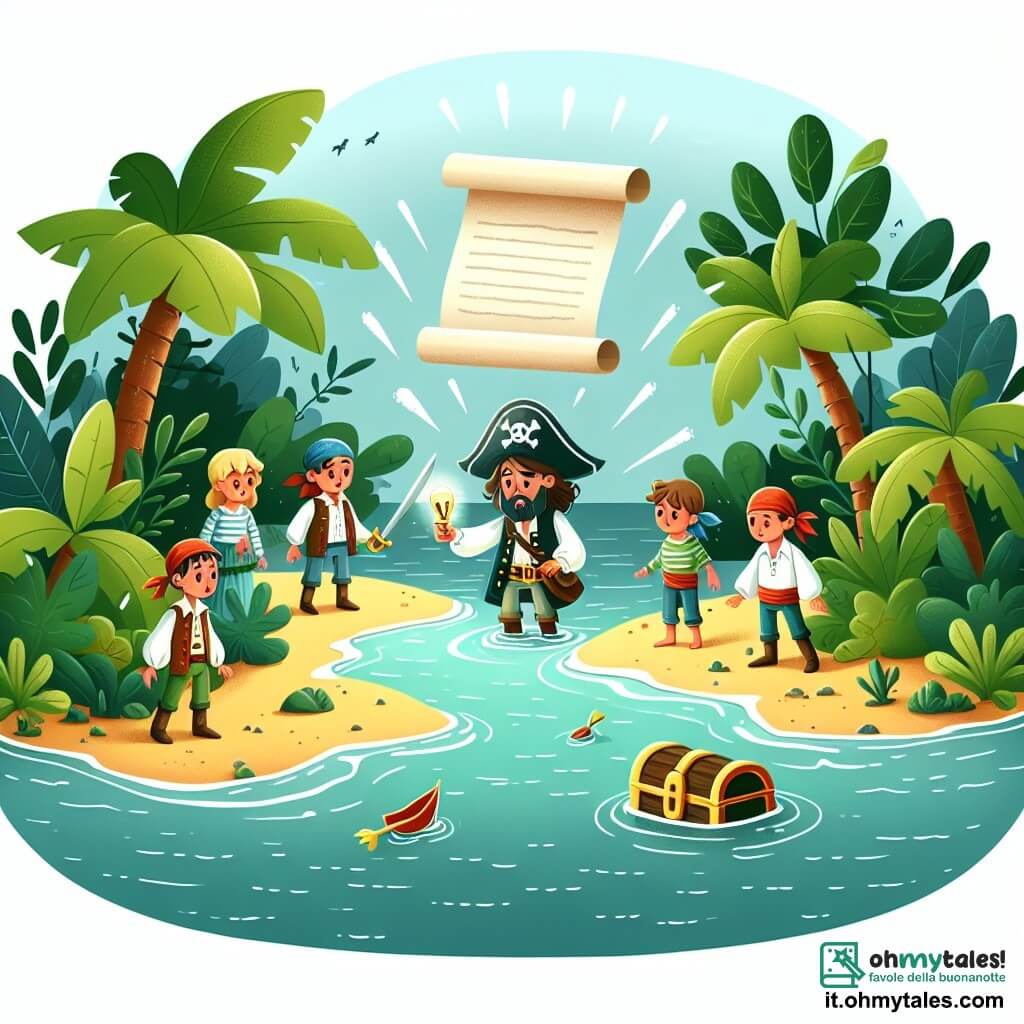 Une illustration destinée aux enfants représentant un vaillant pirate, entouré de son équipage, découvrant un mystérieux message flottant sur l'eau, sur une île luxuriante aux arbres touffus et à la végétation exubérante, prêts à partir à l'aventure pour trouver un trésor légendaire.