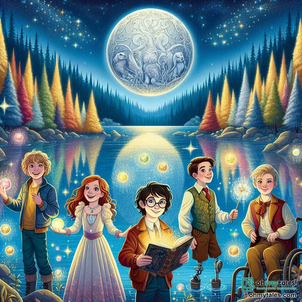 Illustrazione che rappresenta una scena magica al bordo di un lago scintillante, circondato da una foresta incantata dove gli alberi brillano di una luce dorata. Il cielo è di un blu profondo, punteggiato di stelle scintillanti e di una grande luna argentata che illumina la scena con una dolce luce. 

In primo piano, quattro bambini si tengono insieme: un ragazzo di otto anni con occhiali spessi e capelli castani, sorridente con entusiasmo; una ragazza di otto anni con capelli rossi brillanti, occhi scintillanti di eccitazione, che tiene una bacchetta magica; un ragazzo di otto anni con una protesi alla gamba, con un grande sorriso e uno sguardo determinato; e infine, una ragazza di otto anni con capelli castani e occhiali, che tiene un libro antico, con un'espressione saggia e concentrata. 

Si trovano davanti alla misteriosa Luna di Cristallo, una sfera brillante che fluttua sopra l'acqua, emettendo riflessi di luce multicolori. I bambini sembrano incantati e pronti a esprimere un desiderio, i loro volti illuminati dalla magia circostante. Lucciole danzano intorno a loro, aggiungendo un tocco di incanto all'atmosfera.