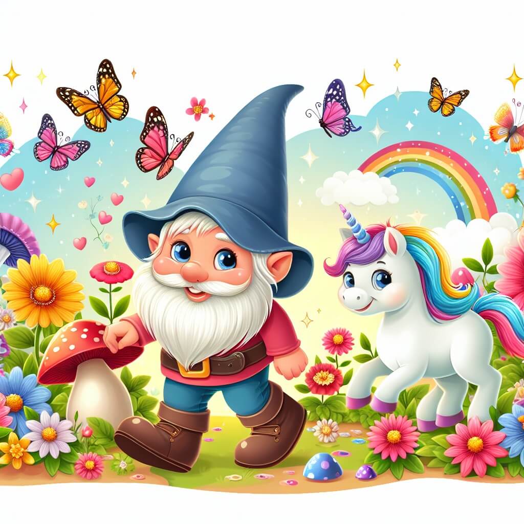 Une illustration destinée aux enfants représentant un lutin espiègle et farceur, accompagné d'une joyeuse licorne, dans un magnifique jardin enchanté rempli de fleurs multicolores, papillons virevoltants et champignons étincelants.