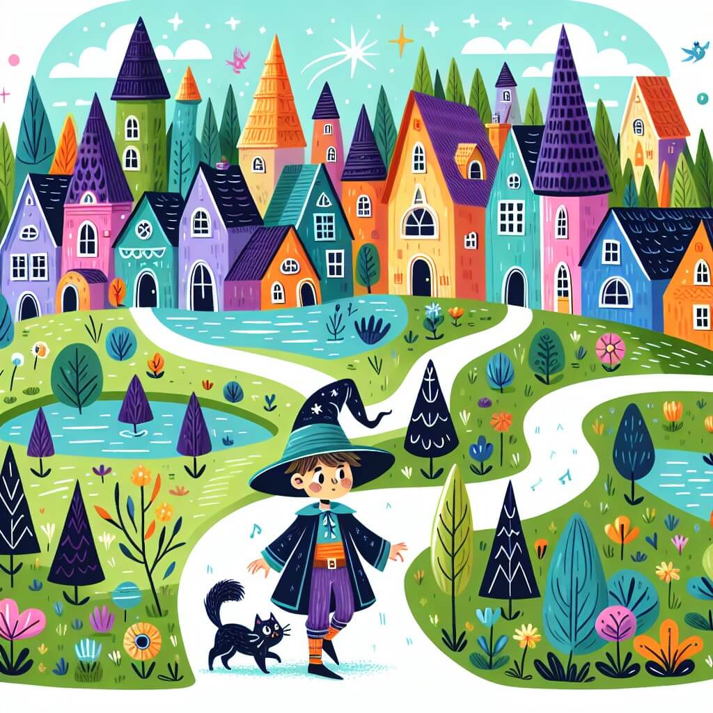 Une illustration destinée aux enfants représentant un jeune apprenti sorcier, accompagné de son chat, explorant un village magique rempli de maisons colorées aux toits en forme de chapeau de sorcière, avec des arbres qui dansent au rythme de la musique envoûtante des elfes.