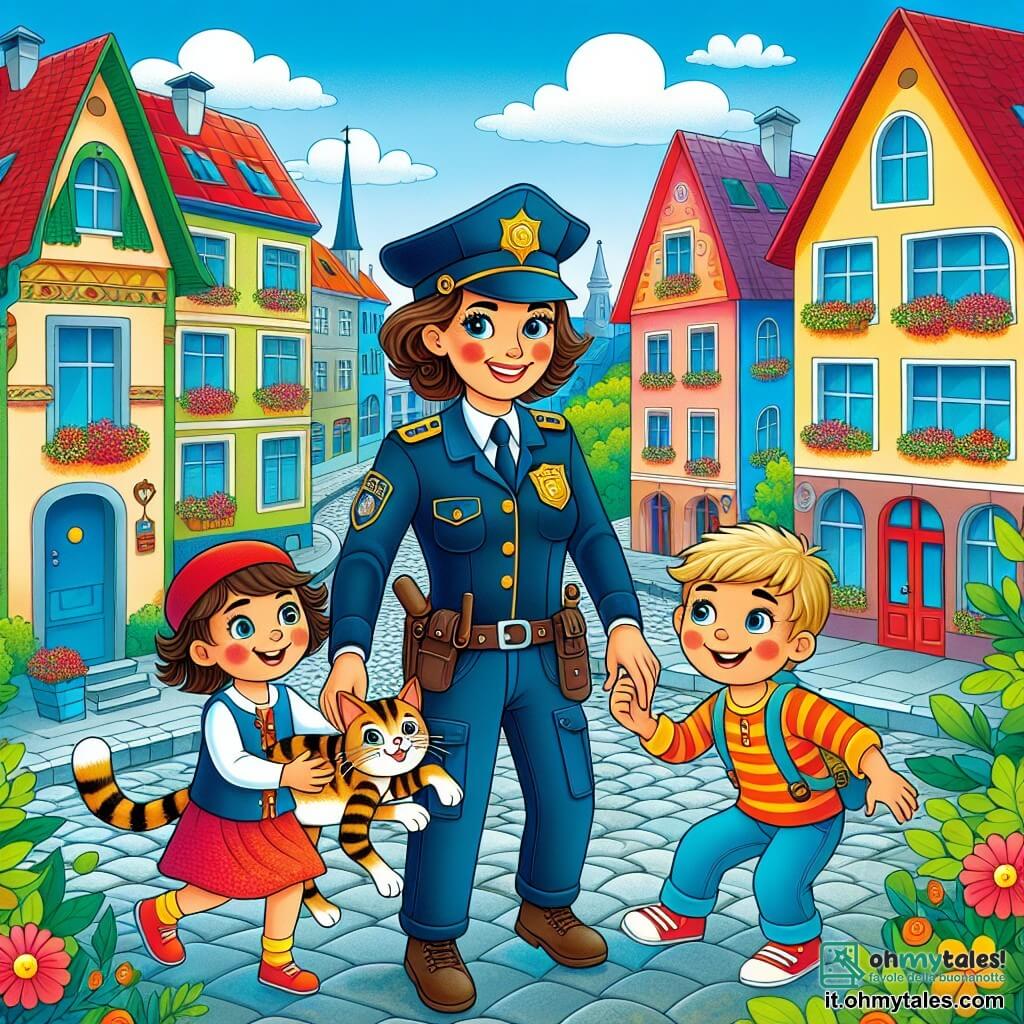 Une illustration destinée aux enfants représentant une policière courageuse et souriante, aidant un garçon et une fille à retrouver un chat perdu dans un quartier coloré et animé, avec des maisons pittoresques aux toits rouges et des fleurs en fleurs le long des rues pavées.