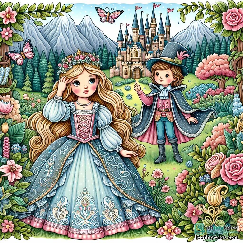 Une illustration destinée aux enfants représentant une princesse charmante, perdue dans une forêt enchantée, accompagnée d'un fidèle compagnon magicien, dans un château majestueux entouré de jardins fleuris et de montagnes imposantes.