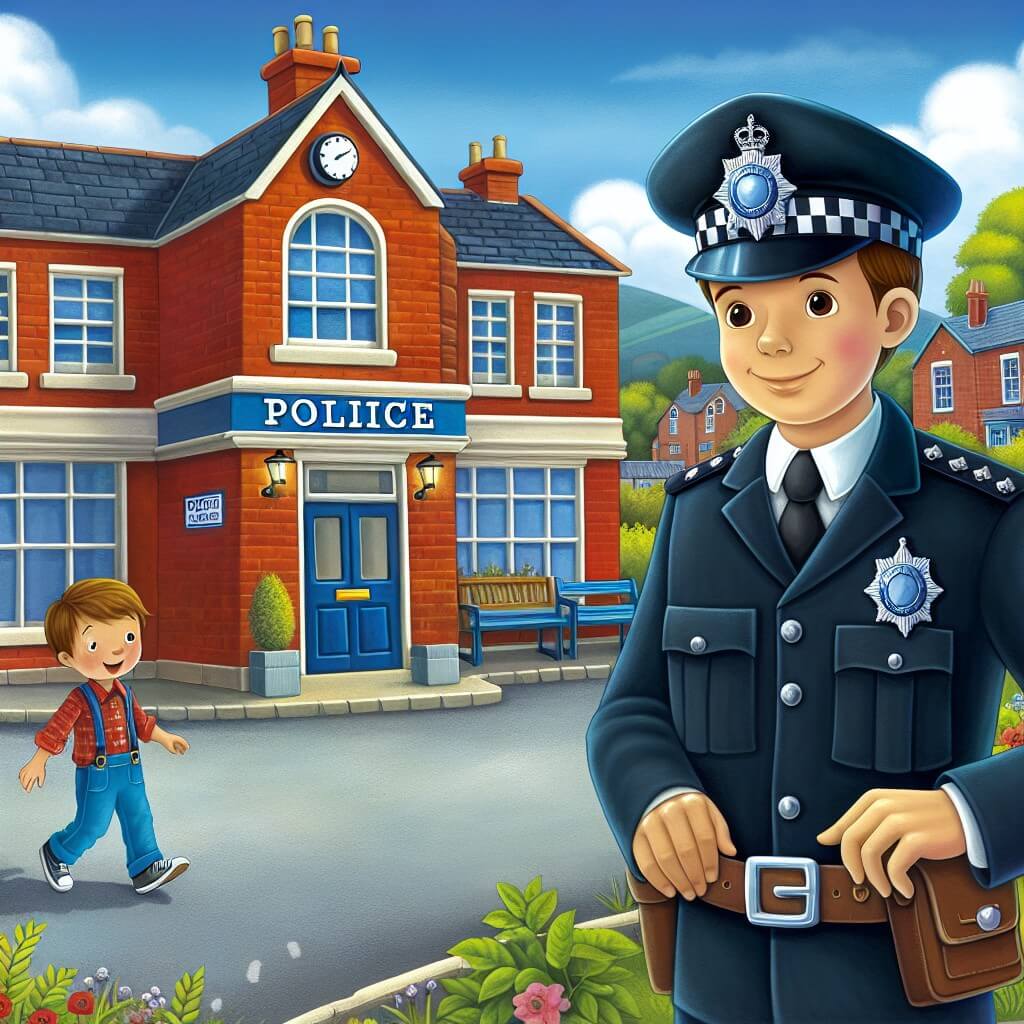 Une illustration destinée aux enfants représentant un policier bienveillant, vêtu d'un uniforme bleu foncé avec un insigne brillant, se tenant devant un pittoresque commissariat de police en brique rouge, dans une petite ville tranquille, où il est sur le point de résoudre un mystère passionnant avec l'aide d'un jeune garçon plein d'enthousiasme.