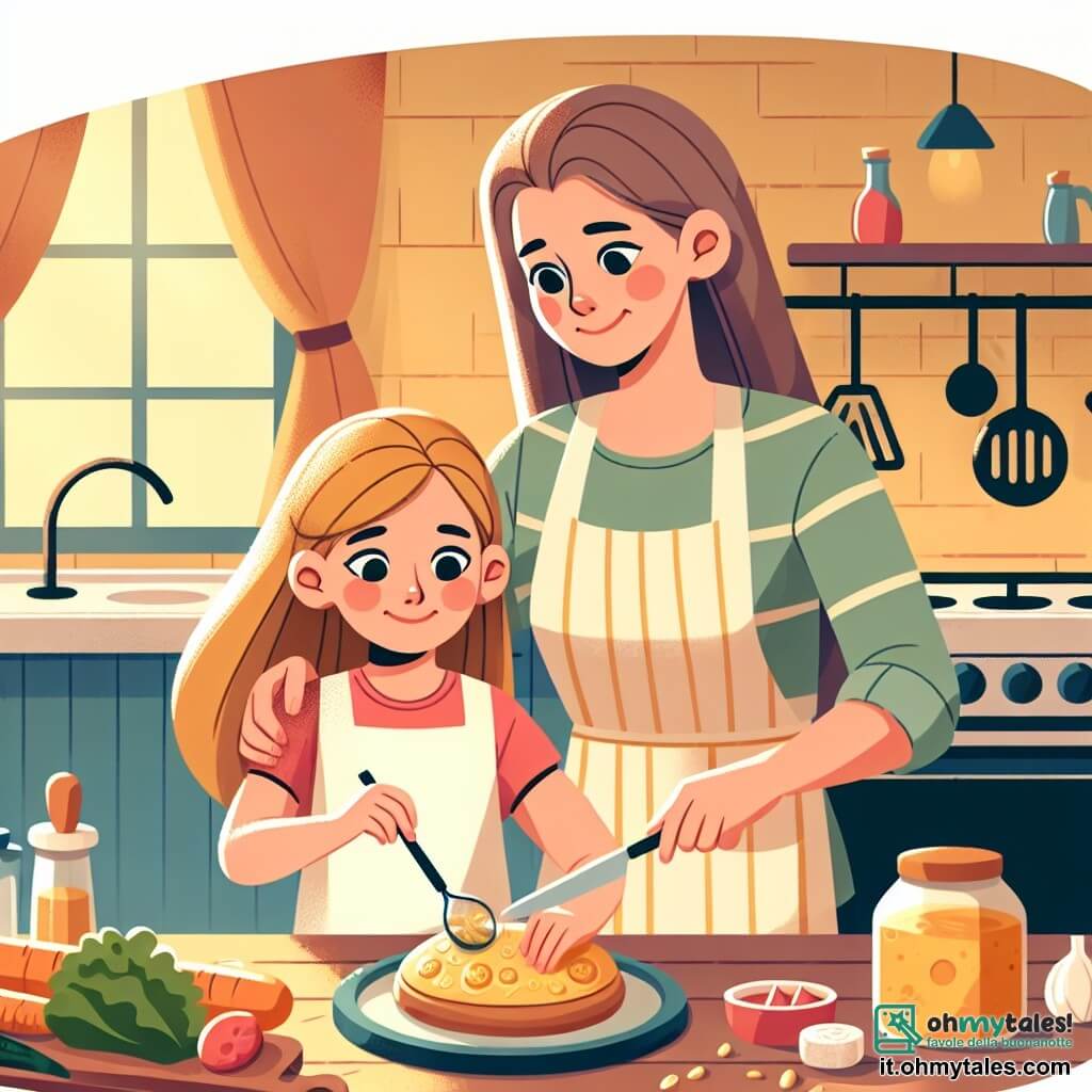 Une illustration destinée aux enfants représentant une fillette préparant une surprise pour son père pour la fête des pères, avec l'aide bienveillante de sa maman, dans une cuisine chaleureuse et colorée remplie d'ustensiles de cuisine et d'odeurs appétissantes.