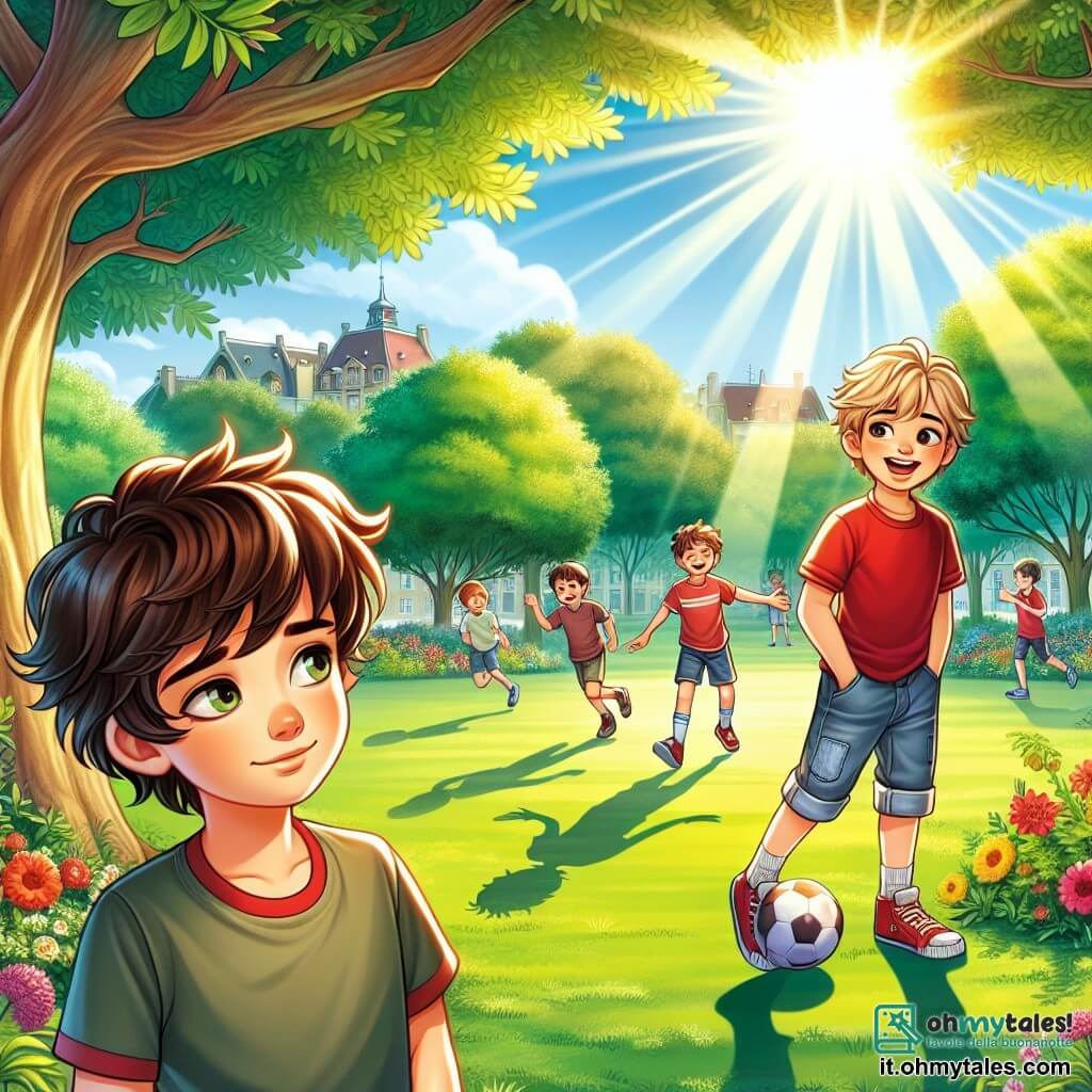 Illustrazione che rappresenta un parco soleggiato, pieno di alberi verdi e fiori colorati, con un grande prato dove dei bambini giocano a calcio. In primo piano, un ragazzo di 11 anni, con i capelli castani disordinati e un sorriso timido, sta in piedi con le mani nelle tasche dei suoi pantaloni corti, con un'espressione pensierosa e un po' preoccupata. Indossa una maglietta rossa e scarpe da ginnastica consumate. Accanto a lui, un altro ragazzo di 11 anni, con capelli biondi e occhi brillanti, ride e parla, tenendo un pallone da calcio sotto il braccio. Sullo sfondo, un gruppo di bambini gioca a calcio, mentre un albero maestoso proietta un'ombra dolce sulla scena. La situazione principale mostra il ragazzo pensieroso, che realizza di dover confessare una bugia ai suoi amici, con un'espressione di determinazione sul volto, mentre il sole splende sopra, simboleggiando speranza e verità.