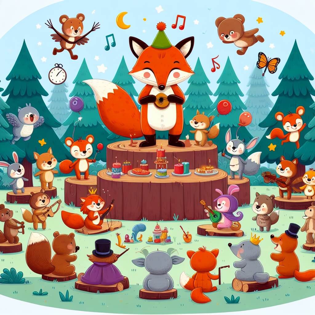 Une illustration destinée aux enfants représentant un renard malicieux se trouvant dans une forêt enchantée, accompagné d'autres animaux, et préparant une fête pleine de jeux, de musique et de rires.