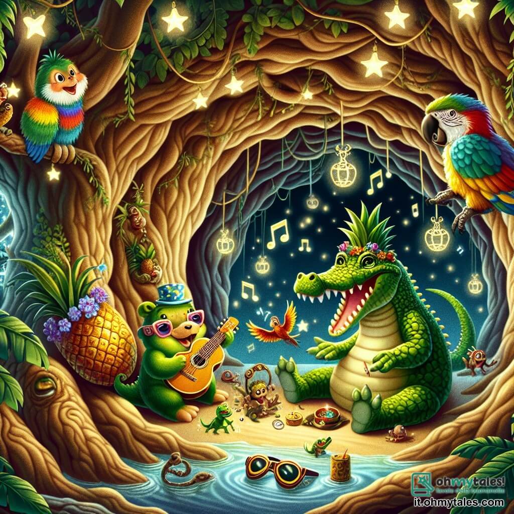 Illustrazione che rappresenta una scena magica all'interno di un grande albero cavo, illuminato da luci scintillanti che somigliano a stelle. Le pareti dell'albero sono decorate con motivi naturali, con radici contorte e foglie verdi che creano un'atmosfera incantata. Al centro, un coccodrillo sorridente, con la pelle verde brillante e occhi scintillanti di curiosità, è seduto su un piccolo mucchio di tesori strani, come un orologio a forma di ananas e occhiali giganti. Accanto a lui, un pappagallo colorato, con piume brillanti di rosso, blu e giallo, vola gioiosamente facendo piroette nell'aria, mentre una piccola scimmia birichina, con il pelo marrone e occhi maliziosi, esamina un oggetto lucente sul pavimento. Insieme, scoprono un mondo pieno di misteri, ridendo e meravigliandosi degli oggetti insoliti che li circondano, creando un'atmosfera di amicizia e avventura. Note musicali fluttuano nell'aria, aggiungendo un tocco di magia a questa scena incantata.