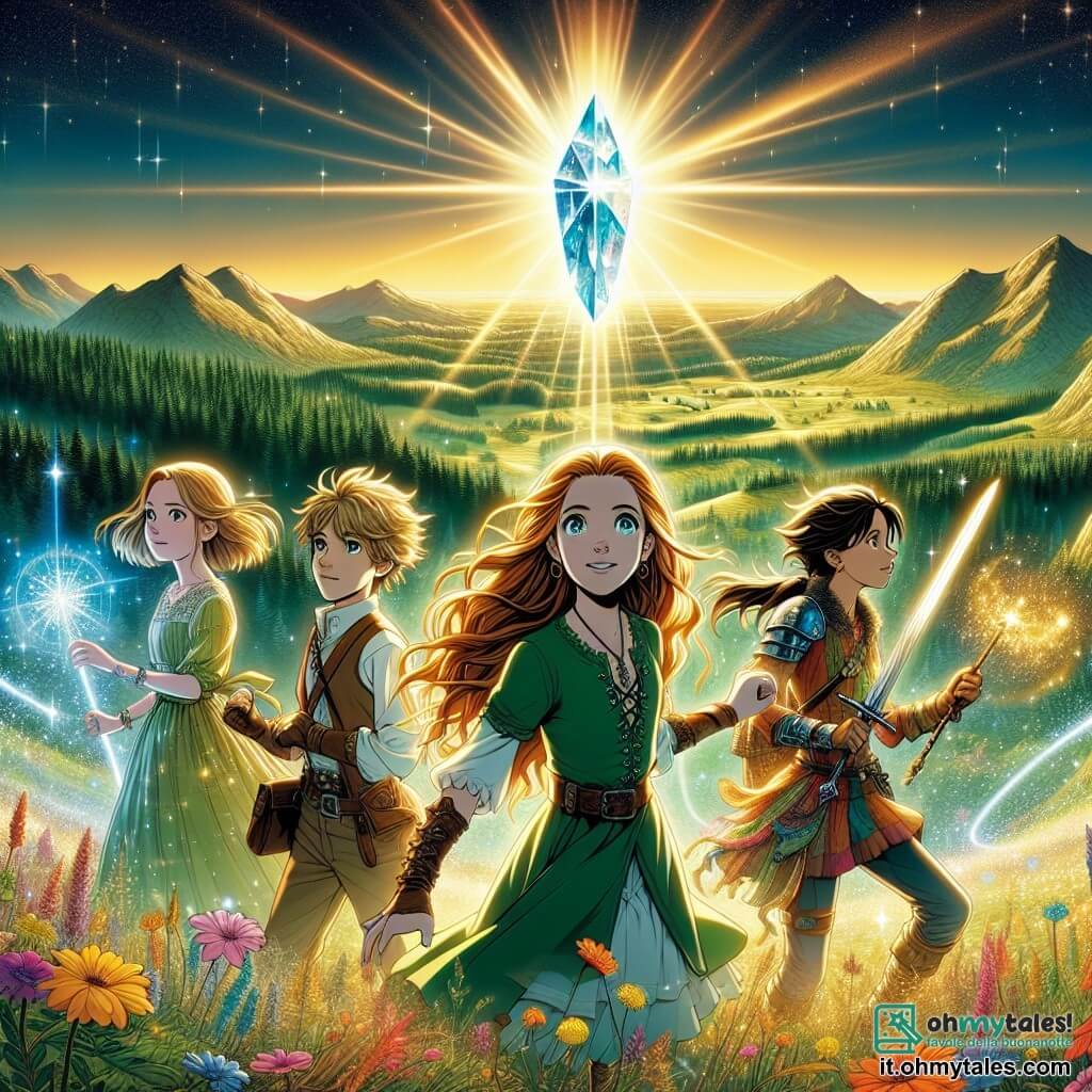 Illustrazione che rappresenta una scena magica sulla Montagna di Luce, dove un cristallo splendente brilla intensamente, proiettando raggi di luce dorata su un paesaggio incantevole. Sullo sfondo, colline verdi e foreste scintillanti si estendono a perdita d'occhio, mentre fiori colorati danzano al vento. In primo piano, quattro giovani eroine si tengono insieme. La prima è una ragazza di circa 10 anni, con lunghi capelli rossi e occhi scintillanti, che indossa una tunica verde e un sorriso determinato. Accanto a lei, un'altra ragazza di 11 anni ha capelli biondi e occhi blu, vestita con un'armatura leggera, mentre tiene un arco con una freccia pronta a essere scoccata. La terza, una ragazza di 10 anni, ha capelli castani e occhiali, indossando un vestito colorato e tenendo una fiala di pozione scintillante. Infine, l'ultima eroina, una ragazza di 12 anni, ha capelli corti e neri, indossando un abbigliamento da guerriera e brandendo una spada scintillante. La scena principale mostra le quattro amiche unite, concentrate sul cristallo luminoso, pronte ad affrontare l'Ombra malefica che si profila sullo sfondo, minacciosa e oscura. Lampi di luce emanano dal cristallo, illuminando i loro volti determinati, mentre un'aura di magia fluttua attorno a loro. Elementi grafici aggiuntivi includono stelle scintillanti nel cielo, nuvole leggere e ombre minacciose che si delineano ai margini della scena, creando un'atmosfera sia magica che carica di suspense.