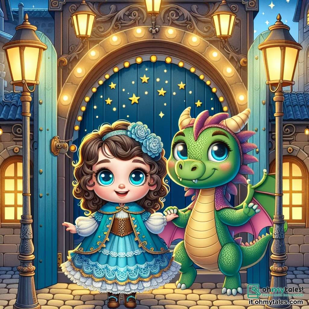 Une illustration sous forme de dessin destinée aux enfants représentant une scène magique dans une ville victorienne, avec des lampions en fer battu illuminant des rues pavées, où une petite fille de 5 ans aux yeux azur et aux cheveux bouclés, vêtue d'une robe colorée, tient la main d'un petit dragon vert aux grands yeux ronds et au sourire amical, alors qu'ils se tiennent devant une porte en bois bleu ornée d'étoiles dorées, prêts à entrer dans un monde fantastique pour sauver leur ville d'une ombre mystérieuse qui vole les couleurs.