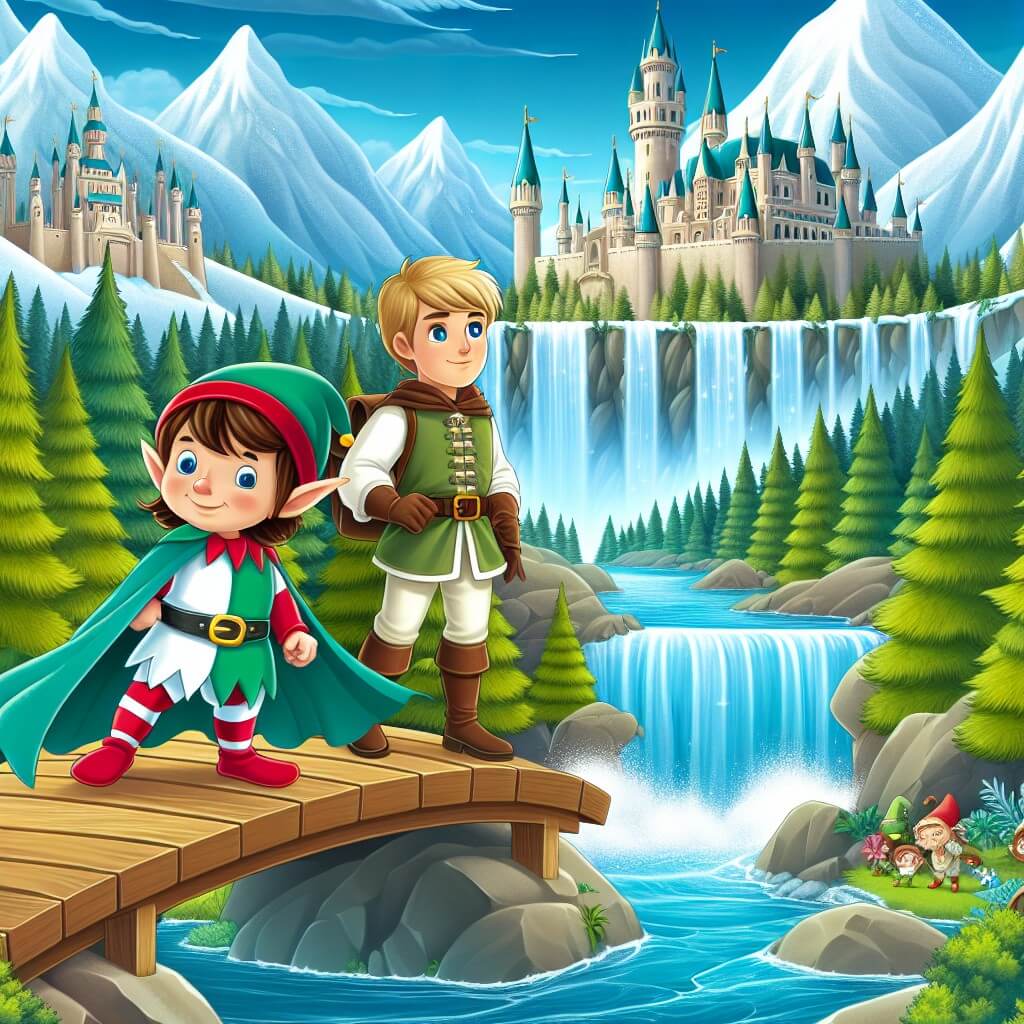 Une illustration destinée aux enfants représentant un jeune homme courageux, se tenant sur un pont en bois au-dessus d'une cascade étincelante, accompagné d'un elfe malicieux, dans un royaume enchanté rempli de châteaux majestueux, de forêts verdoyantes et de montagnes enneigées.