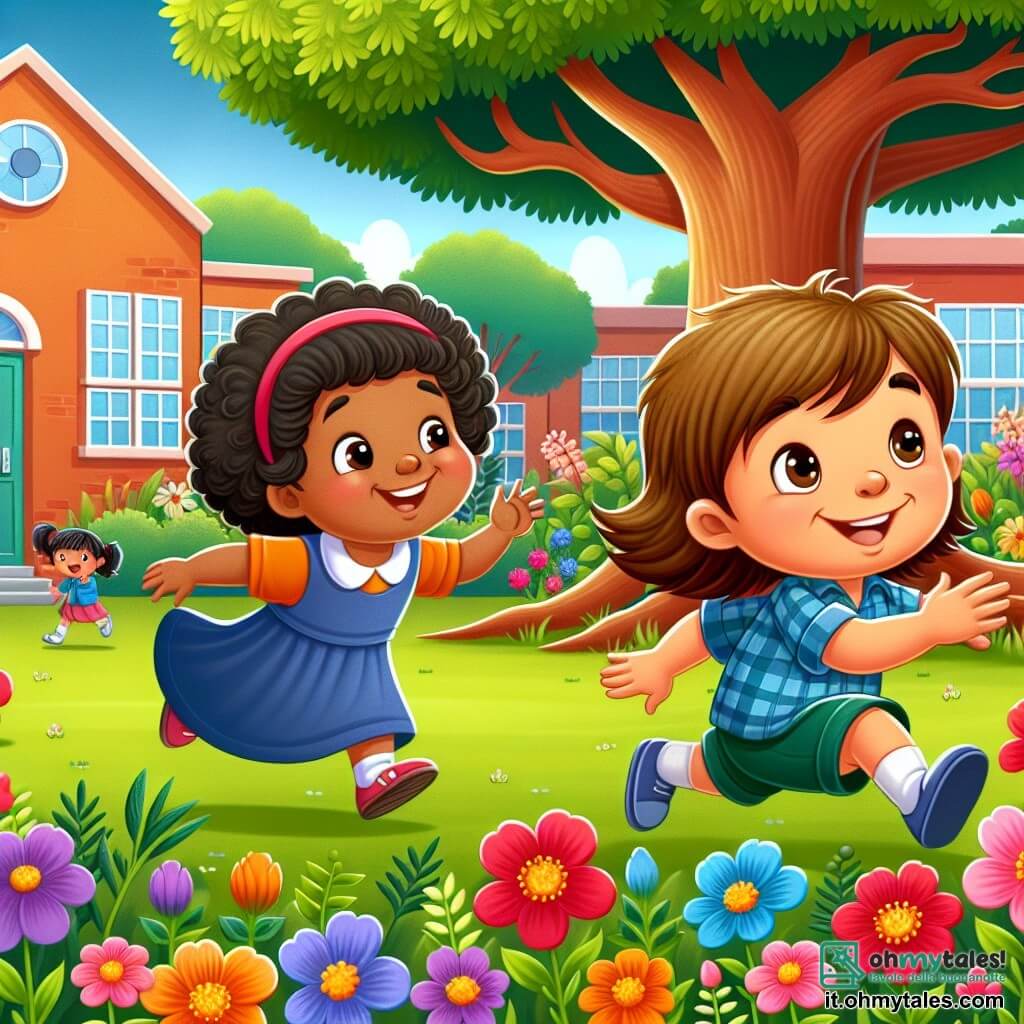 Une illustration sous forme de dessin destinée aux enfants représentant un grand jardin coloré d'une école, avec des fleurs éclatantes et des enfants qui jouent ; au premier plan, un petit garçon de 3 ans aux cheveux bruns et bouclés, souriant et courant joyeusement avec des bras ouverts, tandis qu'une petite fille de 4 ans aux cheveux blonds et raides, portant une robe bleue, le suit en riant ; ensemble, ils s'amusent à jouer à cache-cache sous un grand arbre, symbolisant l'amitié et la joie de découvrir une nouvelle école.