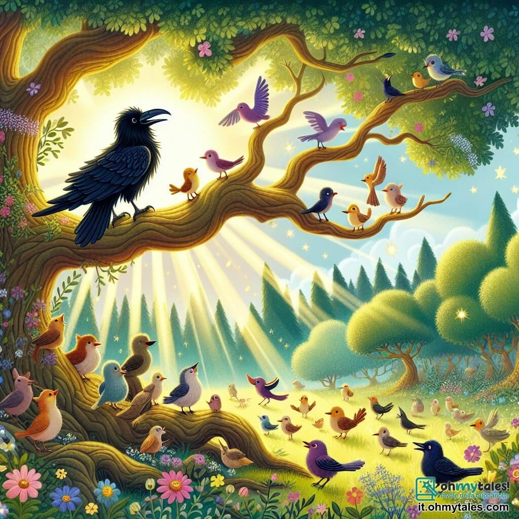 Une illustration destinée aux enfants représentant un corbeau solitaire, perché sur une branche d'un majestueux chêne, qui fait la rencontre d'un joyeux groupe d'oiseaux dans une forêt enchantée remplie de fleurs colorées et de rayons de soleil étincelants.