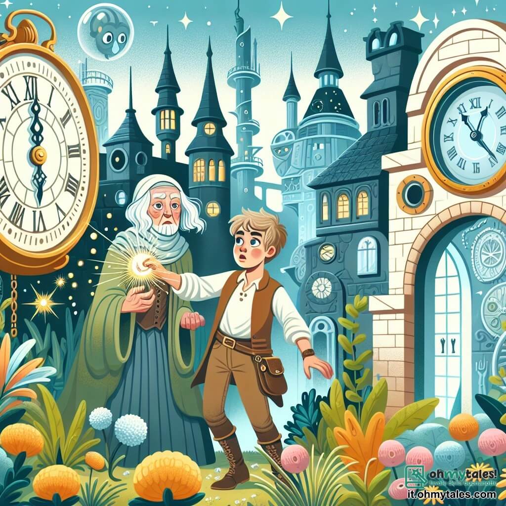 Une illustration destinée aux enfants représentant un jeune garçon curieux découvrant un mystérieux orologio magico dans un jardin enchanté, accompagné d'une vieille dame sage, dans un monde futuriste rempli de bâtiments strani e di persone vestite in modo stravagante.