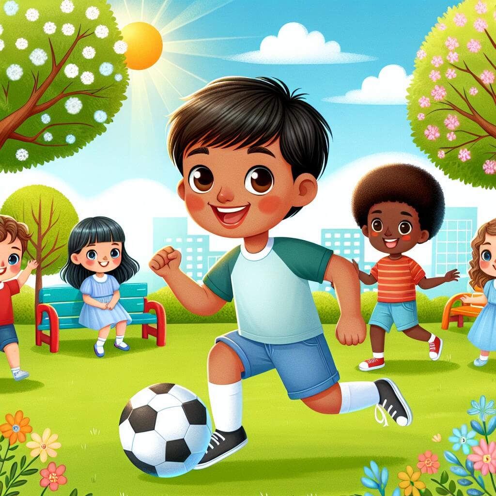 Une illustration destinée aux enfants représentant un jeune garçon souriant, entouré de garçons et de filles, jouant ensemble au football dans un parc verdoyant et ensoleillé avec des arbres fleuris et des bancs colorés.