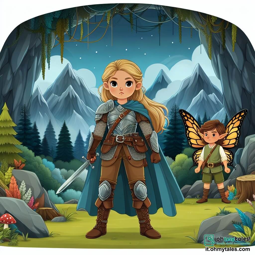 Une illustration destinée aux enfants représentant une jeune femme guerrière courageuse se tenant devant une grotte sombre, accompagnée d'un petit elfe masculin aux ailes de papillon, dans un royaume enchanté entouré de montagnes majestueuses et de forêts anciennes.