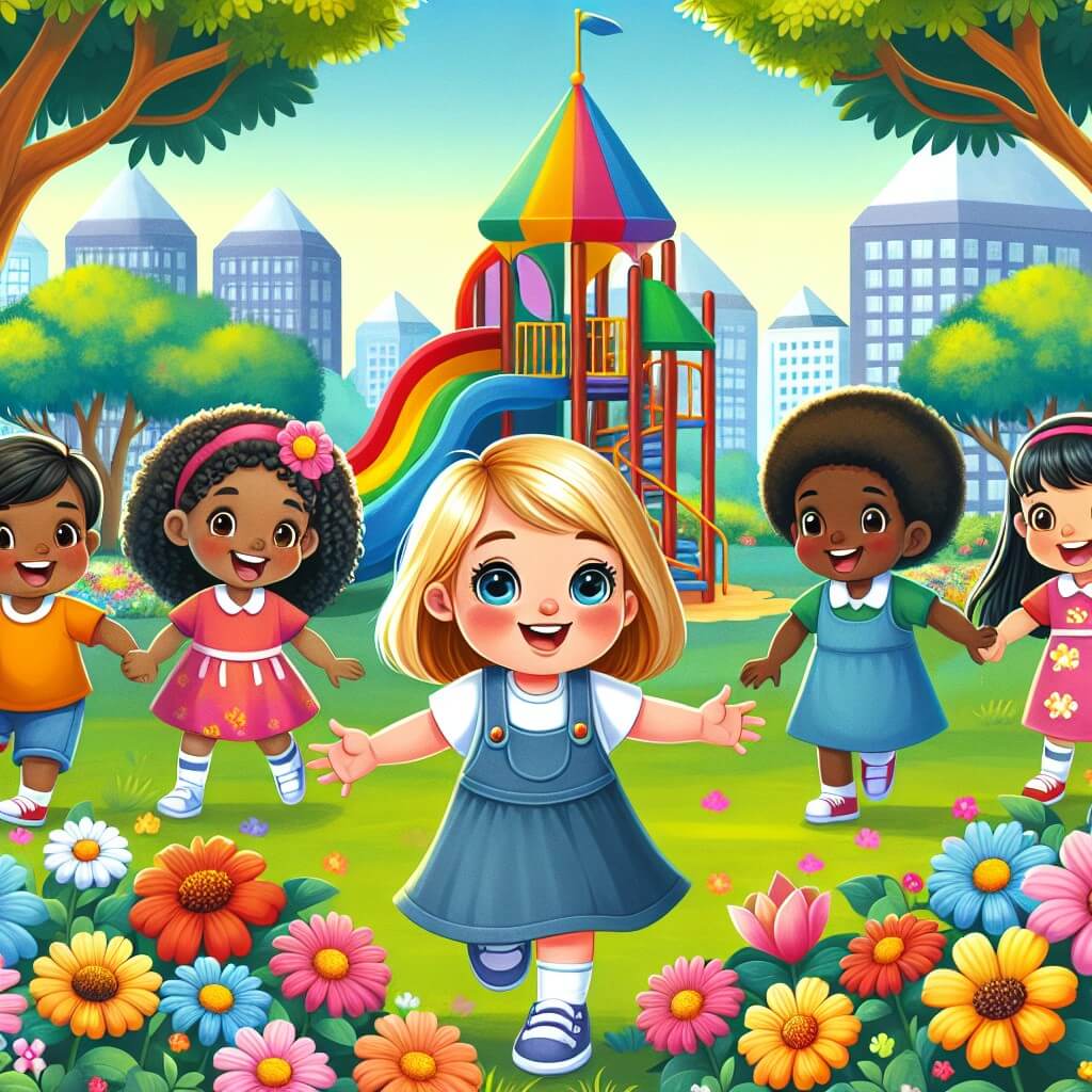 Une illustration destinée aux enfants représentant une jeune fille joyeuse et curieuse, accompagnée de ses nouveaux amis, découvrant ensemble un magnifique parc de jeux entouré de fleurs colorées et d'arbres majestueux.