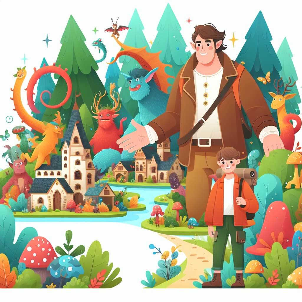 Une illustration destinée aux enfants représentant un géant bienveillant, accompagné d'un jeune explorateur, dans un village magique caché au cœur d'une forêt enchantée, peuplé de créatures fantastiques aux couleurs vives et aux formes merveilleuses.