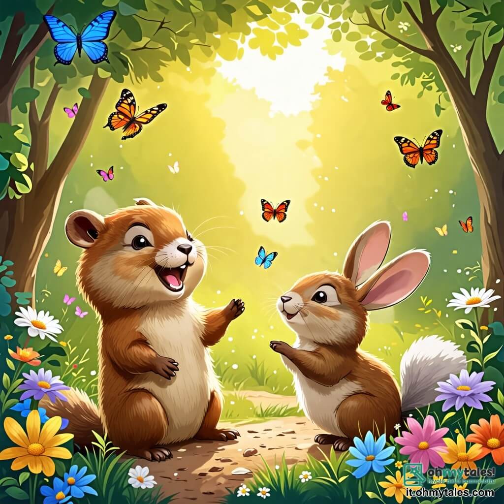 Une illustration sous forme de dessin destinée aux enfants représentant une clairière ensoleillée entourée d'arbres majestueux, où une marmotte au pelage brun et doux, aux yeux pétillants de curiosité, est en train de rouler sur le sol en riant, tandis qu'un petit lapin aux grandes oreilles blanches et au sourire malicieux l'aide à se relever, le tout dans une ambiance joyeuse et ludique, avec des fleurs colorées et des papillons virevoltant autour d'eux.