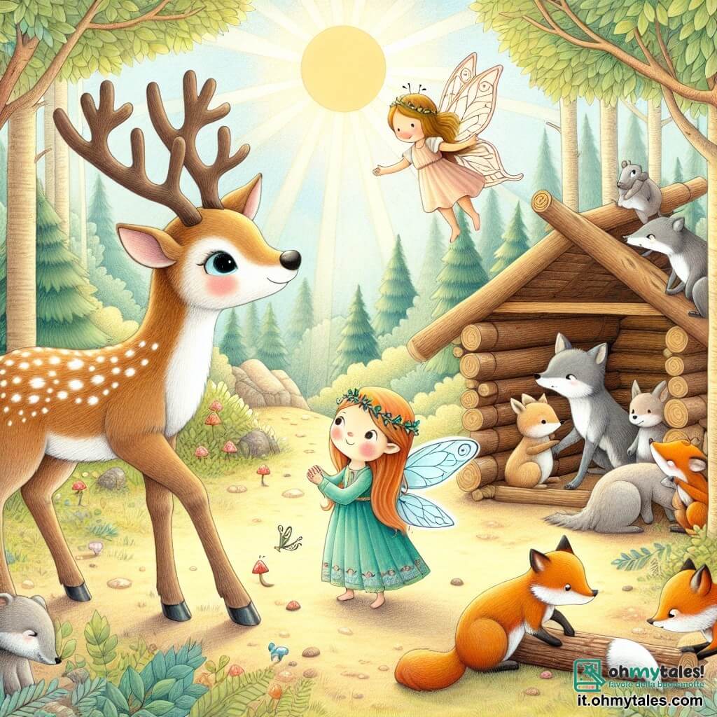 Une illustration destinée aux enfants représentant un jeune renne curieux qui rencontre une Fée des Forêts dans une radura ensoleillée et enchantée, entourés d'animaux de la forêt qui construisent un refuge pour une volpe blessée.