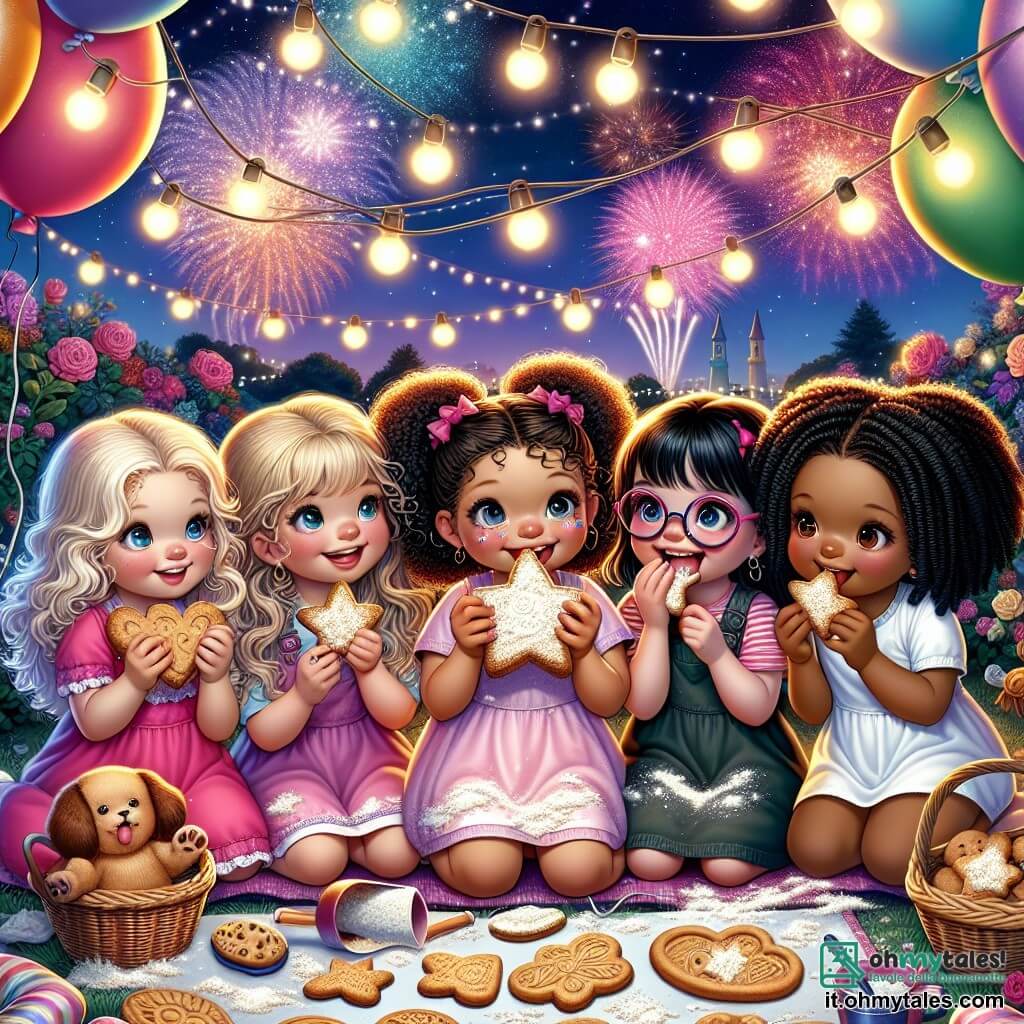 Illustrazione che rappresenta un giardino colorato e festoso, illuminato da ghirlande luminose e decorato con palloncini di tutti i colori. Al centro, quattro ragazze di circa 8-10 anni sono riunite. Una di loro, con lunghi capelli biondi e ricci, indossa un vestito rosa e sorride allegramente mentre tiene un grande biscotto a forma di stella. Un'altra, con occhiali tondi e capelli castani raccolti in una coda di cavallo, sta leccando le dita coperte di farina, visibilmente felice. La terza, con capelli castani e ricci, è seduta su una coperta, circondata da biscotti decorati, mentre mostra un biscotto a forma di cuore alle sue amiche. L'ultima, con capelli neri e trecce, sta gonfiando un palloncino a forma di cane, piena di energia. Sullo sfondo, il cielo è illuminato da fuochi d'artificio scintillanti, creando un'atmosfera di festa e magia. Stelle scintillanti e coriandoli fluttuano nell'aria, aggiungendo all'atmosfera gioiosa della celebrazione di Capodanno.
