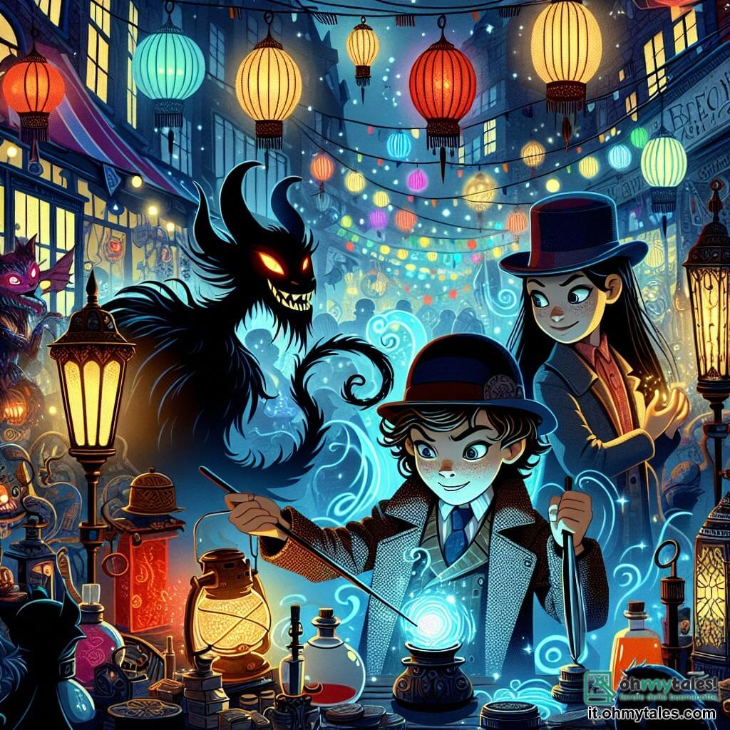 Illustrazione che rappresenta una scena vibrante nel mercato notturno di Neoterica, illuminato da lanterne colorate che scintillano nella notte. I banchi sono pieni di pozioni magiche, talismani scintillanti e creature fantastiche, creando un'atmosfera animata e misteriosa. Al centro della scena, un ragazzo di undici anni, con capelli ricci e occhi blu brillanti, indossa un cappotto di tweed e un cappello a bombetta leggermente troppo grande per lui. Guarda con determinazione un demone minaccioso, che si erge davanti a lui, un'ombra alta e scura con occhi rossi brillanti, circondata da ombre vorticosi. Accanto a lui, una ragazza di undici anni, con lunghi capelli neri e occhi verdi, brandisce una bacchetta magica, pronta a lanciare un incantesimo. Un altro ragazzo, anch'esso di undici anni, con occhiali spessi e un'aria intelligente, manovra un dispositivo tecnologico che emette una luce blu, segnalando la presenza del demone. La tensione è palpabile mentre il demone, con un sorriso malizioso, si trasforma in diverse forme per destabilizzare i bambini. Lo sfondo mostra silhouette di passanti affascinati, creature magiche curiose e banchi colorati, creando un contrasto tra la minaccia del demone e l'energia gioiosa del mercato.