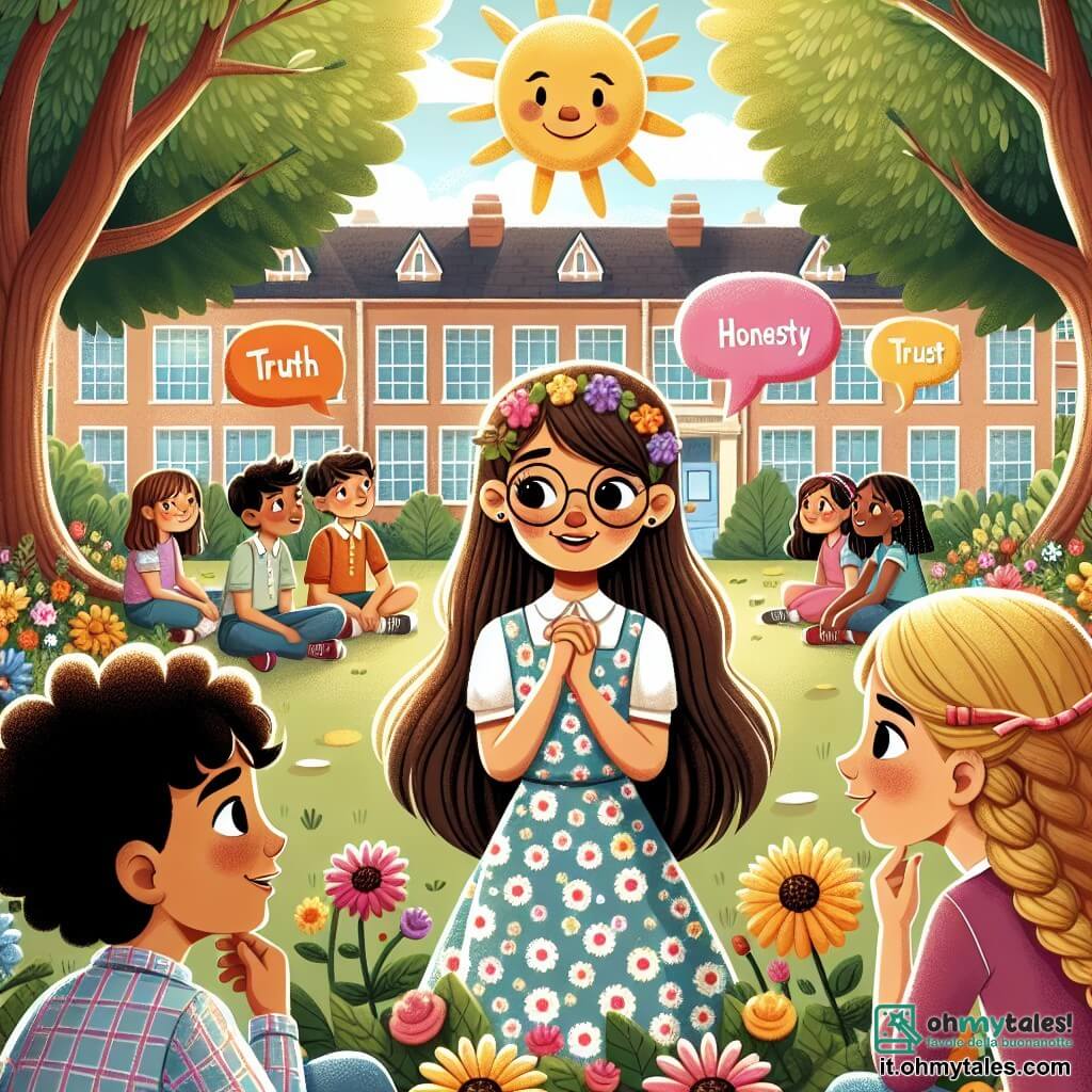 Illustrazione che rappresenta un giardino scolastico soleggiato, pieno di fiori colorati e alberi verdi. Al centro, una bambina di 11 anni, con lunghi capelli castani e occhiali rotondi, indossa un vestito blu con fiori bianchi. Sta discutendo con un gruppo di compagni, il suo viso esprime curiosità e determinazione. Tra di loro, un ragazzo di 12 anni, con capelli ricci e un sorriso splendente, ascolta attentamente, mentre un'altra ragazza di 11 anni, con trecce e una camicetta colorata, osserva la scena con interesse. La situazione principale mostra la bambina che incoraggia i suoi amici a essere onesti, mentre si preparano a giocare insieme. Bolle di dialogo colorate fluttuano attorno a loro, illustrando parole come "verità" e "fiducia", mentre il sole splende gioiosamente sopra di loro, simboleggiando un nuovo inizio.