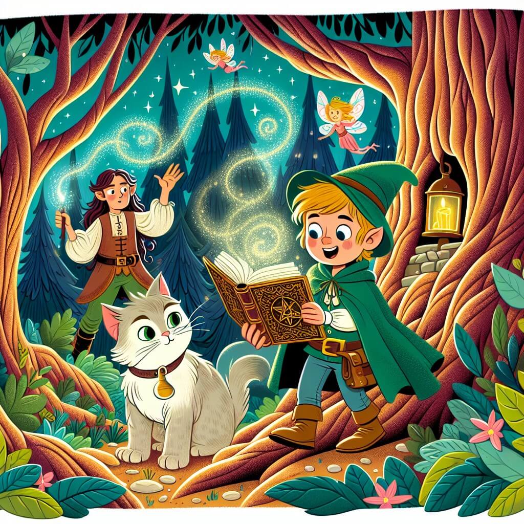 Une illustration destinée aux enfants représentant un jeune sorcier plein de curiosité qui découvre un mystérieux livre de sorts, accompagné d'un drôle de chat parlant, dans une forêt enchantée aux arbres gigantesques, aux feuilles scintillantes et aux fées virevoltantes.