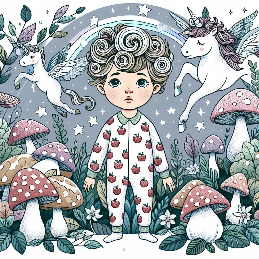 Une illustration destinée aux enfants représentant un petit garçon aux cheveux en forme de spirale, vêtu d'un pyjama en forme de tarte aux pommes, se retrouvant dans une forêt enchantée peuplée de licornes volantes et de champignons géants.