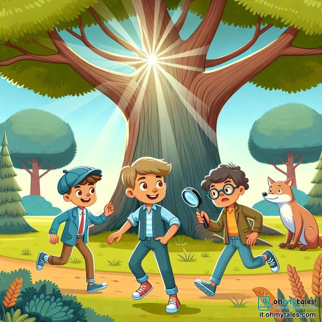 Une illustration destinée aux enfants représentant un garçon curieux et intelligent, accompagné de ses amis, enquêtant sur la disparition d'une précieuse merenda sous l'ombre majestueuse d'un grand quercia dans un parc ensoleillé de la ville de Felicità.