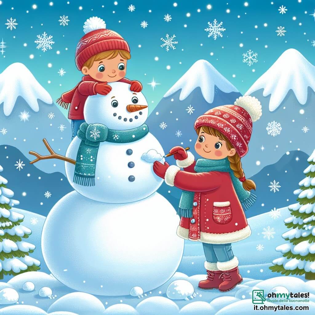 Une illustration destinée aux enfants représentant une petite fille vêtue d'un cappotto rosso qui construit un pupazzo di neve gigante avec l'aide d'un garçon, sur un fond de montagne enneigée avec des sapins couverts de neige scintillante.