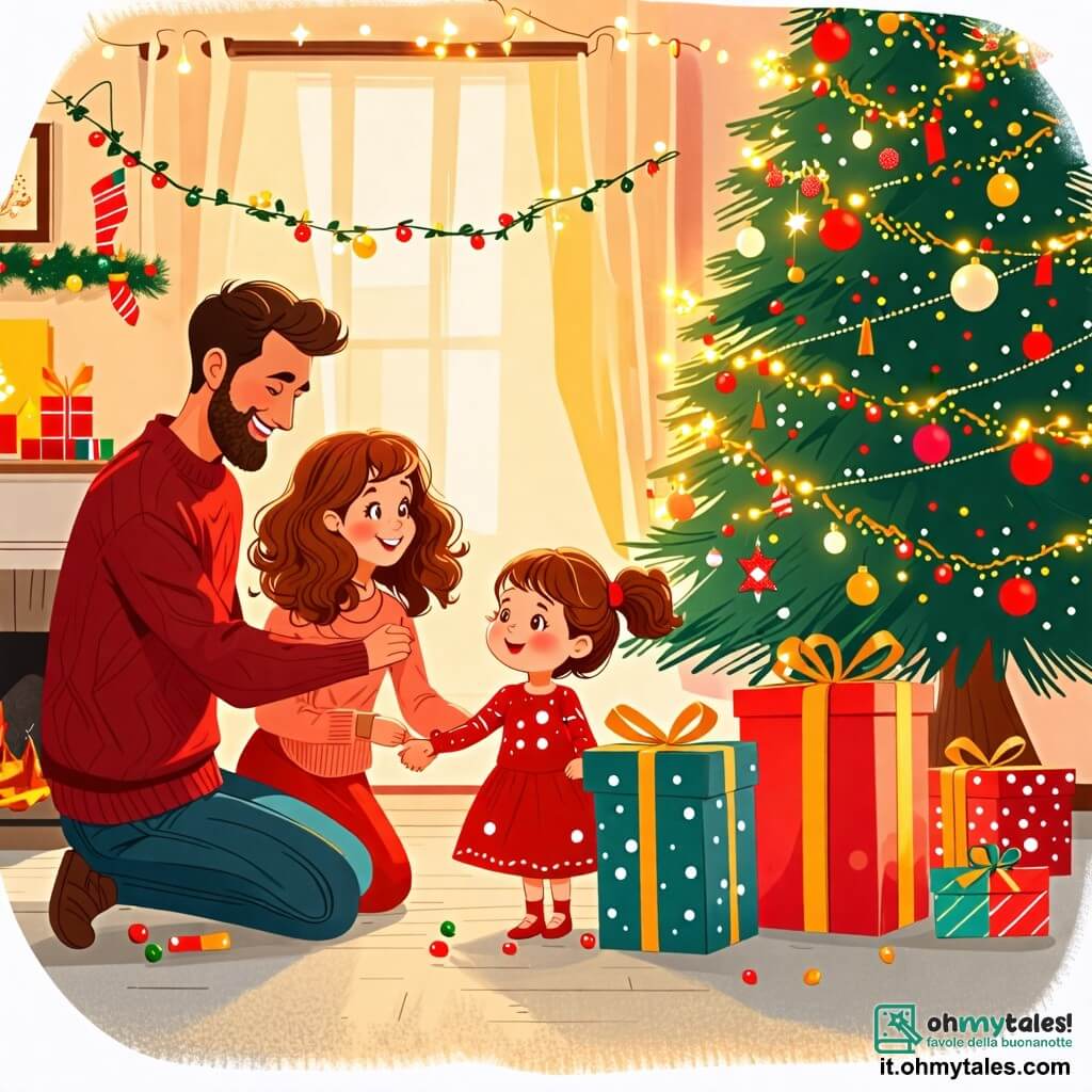 Une illustration sous forme de dessin destinée aux enfants représentant un salon chaleureux décoré pour Noël, avec un grand sapin illuminé et des guirlandes scintillantes, où une petite fille de 2 ans aux cheveux bouclés et aux joues roses, vêtue d'une robe rouge, s'agenouille avec émerveillement devant un gros paquet cadeau coloré, tandis que ses parents, une maman souriante aux cheveux châtains et un papa joyeux avec une barbe, l'observent avec tendresse, créant une atmosphère de joie et d'excitation festive.