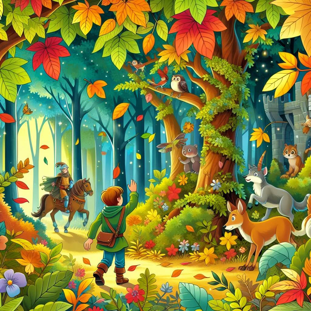 Une illustration destinée aux enfants représentant un jeune garçon aventurier, entouré d'une multitude de feuilles colorées, explorant un mystérieux bois enchanté peuplé d'animaux sympathiques et d'arbres majestueux aux branches chargées de feuilles chatoyantes, dans le cadre de l'automne.