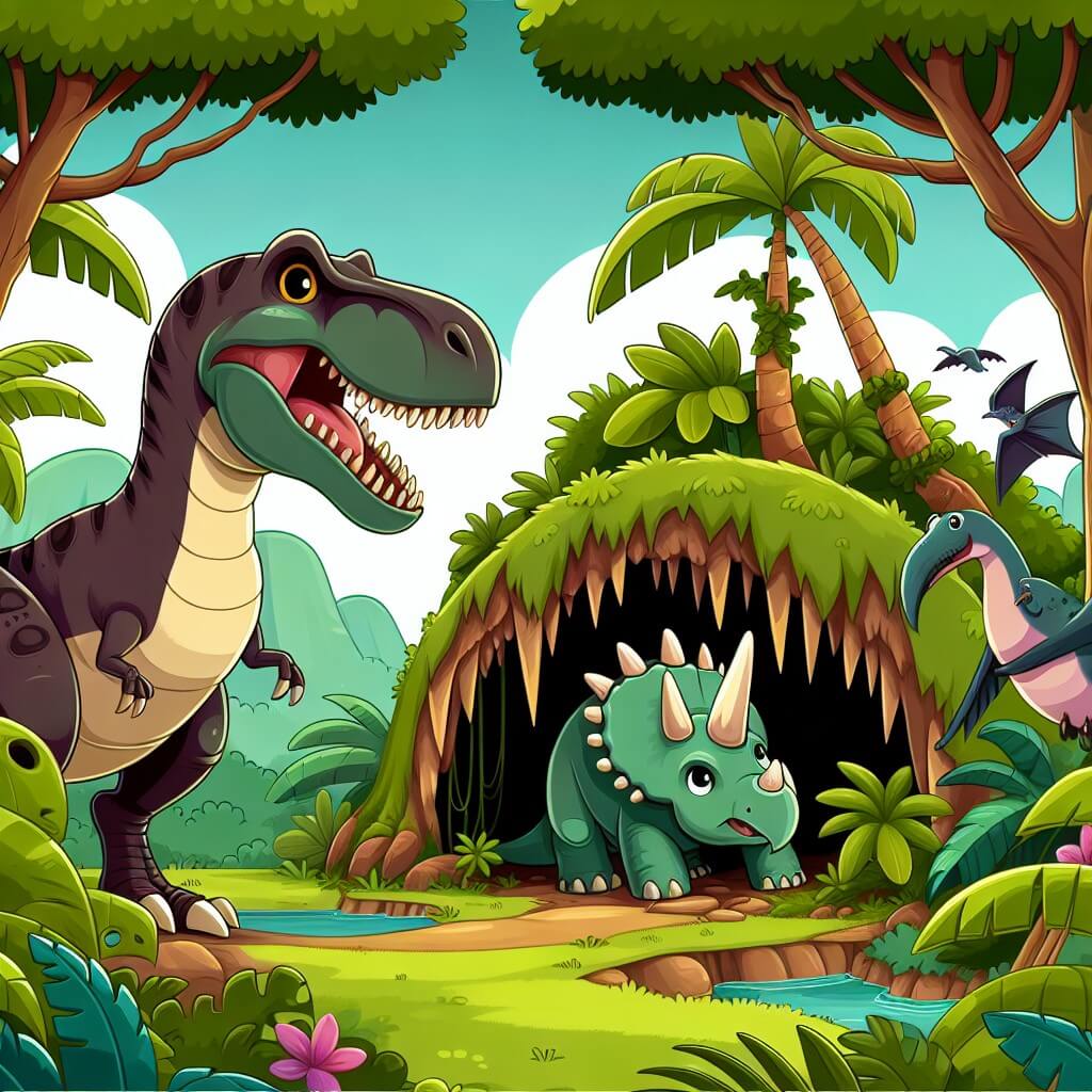 Une illustration destinée aux enfants représentant un puissant Tyrannosaure Rex, vivant dans une jungle luxuriante, qui fait équipe avec un adorable pterodactyle pour sauver un triceratops pris au piège dans une grotte sombre et mystérieuse.