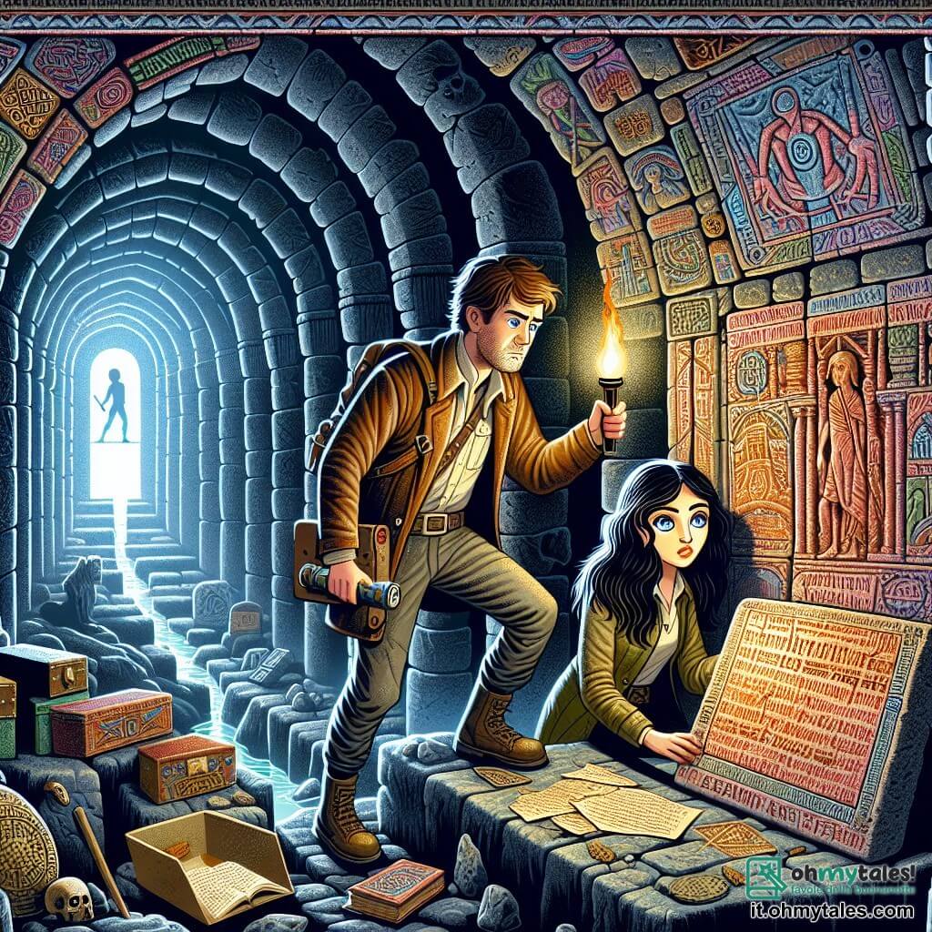 Illustrazione che rappresenta un misterioso labirinto sotterraneo, con muri in pietra antica decorati da iscrizioni e affreschi colorati. Al centro di questa scena, un uomo di circa trent'anni, con capelli castani in disordine, indossa una giacca da esploratore e pantaloni robusti, mentre esamina attentamente una pietra antica incisa con simboli misteriosi. Accanto a lui, una giovane donna di circa venticinque anni, con lunghi capelli neri e occhi brillanti di curiosità, tiene una torcia che illumina il loro cammino. Sono circondati da un'atmosfera di suspense, mentre un'ombra minacciosa si profila all'ingresso del labirinto, suggerendo un pericolo imminente. Ulteriori dettagli includono ombre negli angoli bui, riflessi di luce provenienti dalla torcia e oggetti antichi sparsi attorno a loro, come manoscritti e artefatti, che aggiungono all'atmosfera di avventura e mistero.