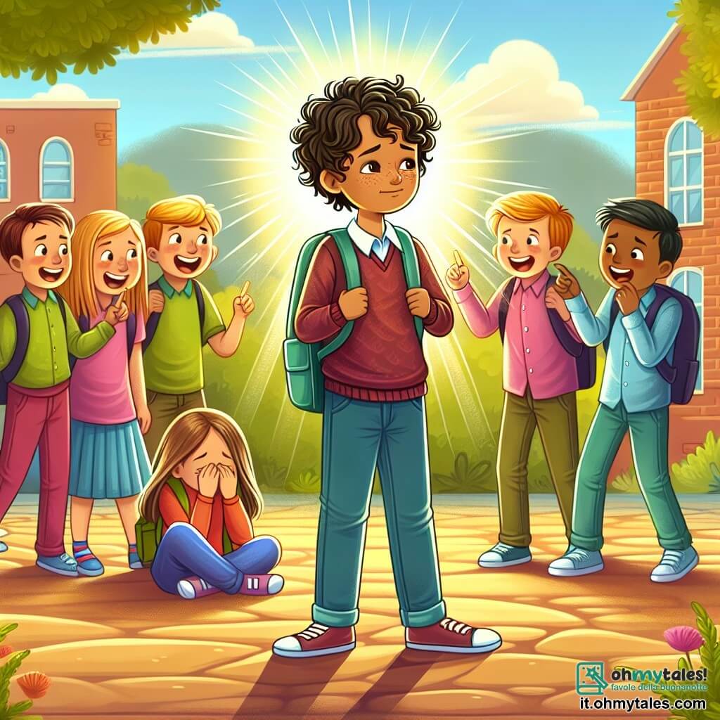 Une illustration sous forme de dessin destinée aux enfants représentant une cour d'école ensoleillée, où un garçon de 11 ans aux cheveux bouclés et aux yeux pétillants se tient courageusement devant un groupe de camarades, tentant de défendre une nouvelle élève, une fille timide aux cheveux longs et bruns qui se cache derrière son sac à dos, tandis que quelques autres élèves, aux expressions moqueuses, se moquent d'elle, le tout dans une ambiance colorée mais chargée d'émotion, illustrant le thème du harcèlement scolaire et l'importance de l'amitié et du soutien.
