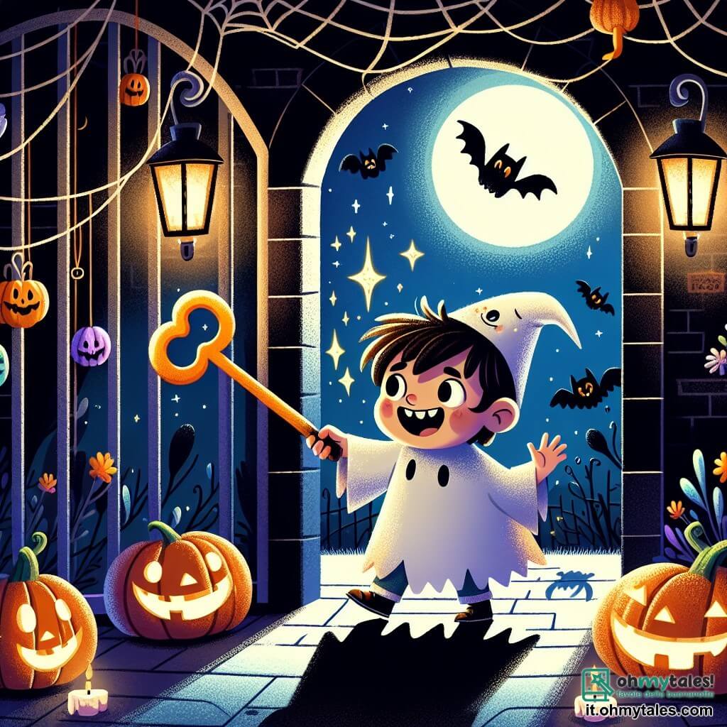 Illustrazione che rappresenta una scena magica di Halloween in una vecchia casa misteriosa. Le pareti sono coperte di ragnatele e le ombre danzano sotto la luce delle lanterne a forma di zucca. Al centro, un bambino di cinque anni, con capelli castani arruffati e un grande sorriso, indossa un costume da fantasma fatto di un lenzuolo bianco, con fori per gli occhi. Tiene in mano una chiave gigante di metallo lucente, guardando con meraviglia un gruppo di creature amichevoli. Tra queste, un piccolo pipistrello con ali nere scintillanti che sembra volare felicemente intorno a lui, e una gentile strega di circa 30 anni, con lunghi capelli neri, che indossa un cappello a punta e un abito colorato, sorridendo e salutandolo. La scena principale mostra il bambino pronto ad aprire una porta misteriosa, circondato da decorazioni di Halloween come zucche sorridenti e fantasmi di carta appesi. L'atmosfera è piena di magia e gioia, con una luna brillante che illumina la scena, aggiungendo un tocco di mistero a questa notte incantata.