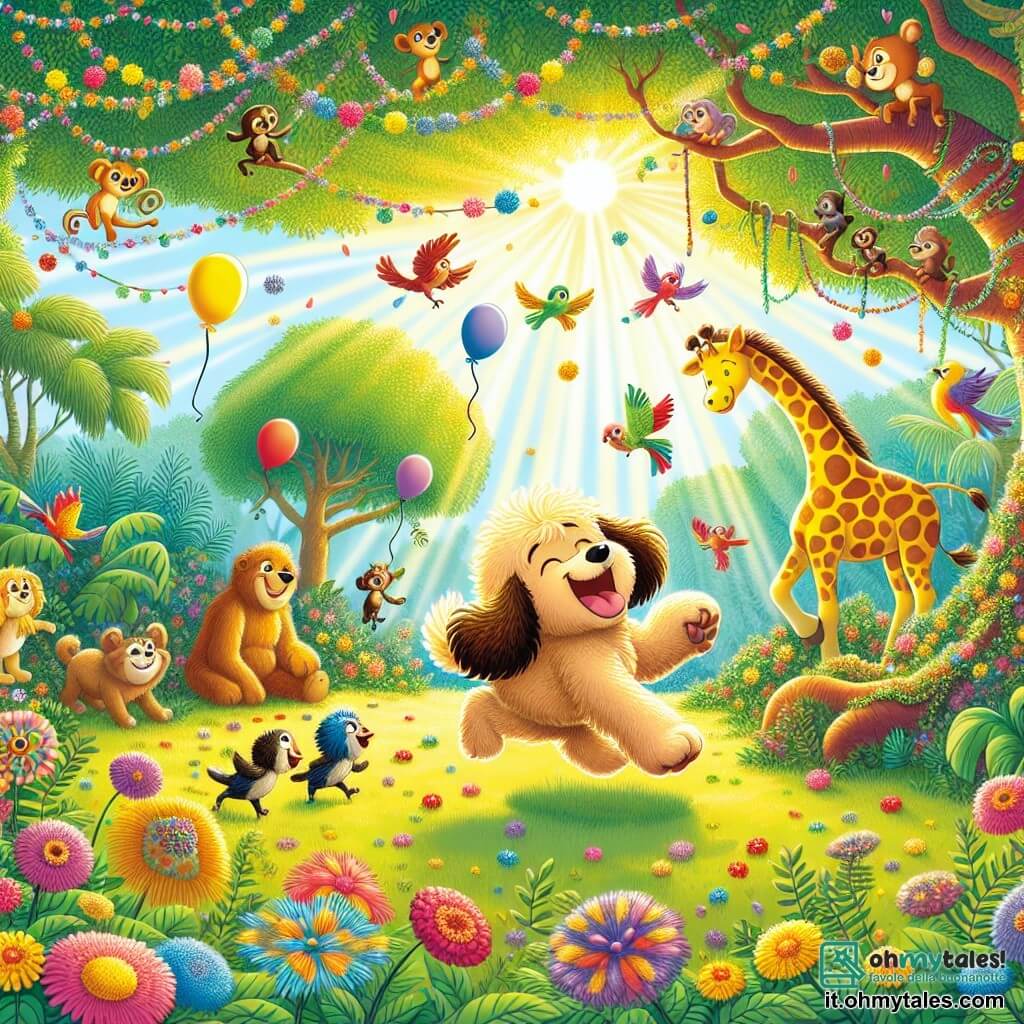 Illustrazione che rappresenta una grande festa in una radura soleggiata della giungla, circondata da alberi con foglie lussureggianti e fiori colorati che danzano al vento. Al centro, un cane dai peli morbidi e arrotondati, con grandi orecchie cadenti e un sorriso gioioso, salta di gioia, circondato dai suoi amici animali. Accanto a lui, una giraffa dal lungo collo, con macchie dorate, che sorride e allunga il collo per ammirare le decorazioni colorate appese ai rami. Uccelli colorati volano intorno, cantando melodie gioiose, mentre un gruppo di scimmie dispettose balla sui rami, ridendo e lanciando frutti. La scena è piena di palloncini fluttuanti e ghirlande di fiori, creando un'atmosfera festosa e gioiosa, dove tutti gli animali festeggiano insieme in un clima di felicità e amicizia.