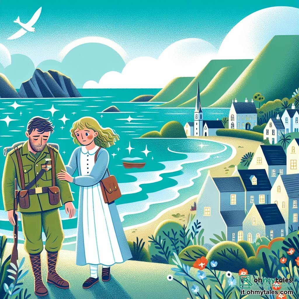 Une illustration destinée aux enfants représentant un homme courageux confronté à la guerre, accompagné d'une jeune fille enseignante, dans une petite ville côtière paisible entourée par un mer turquoise scintillante.
