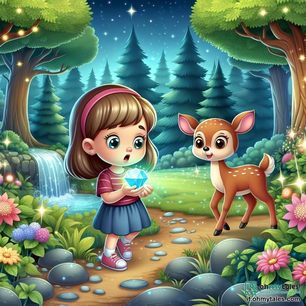 Une illustration destinée aux enfants représentant une fillette curieuse découvrant une gemme magique dans son jardin, accompagnée d'un cerf timide, dans une forêt enchantée aux arbres immenses et aux fleurs lumineuses, près d'une cascade scintillante et d'un sentier de pierres brillantes.