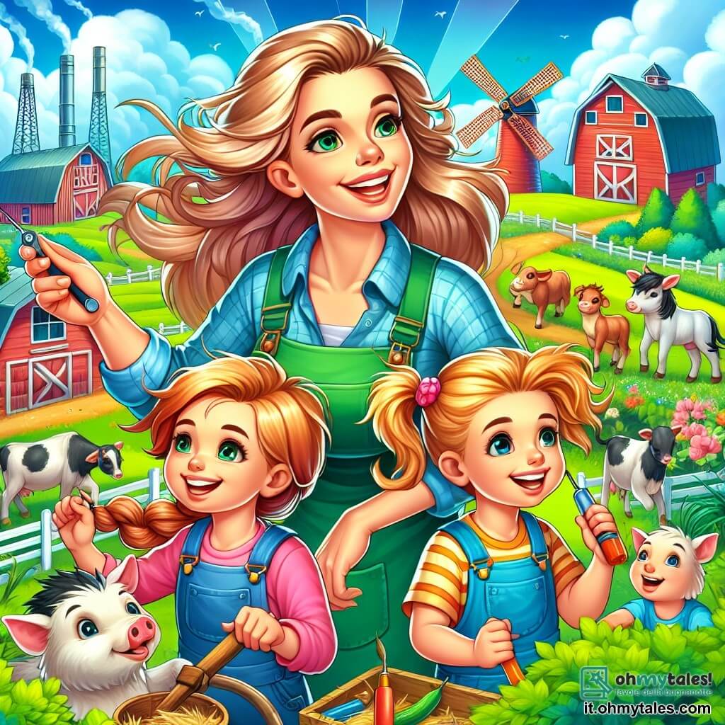 Une illustration destinée aux enfants représentant une femme agricultrice passionnée, accompagnée de ses trois petits-enfants curieux et joyeux, dans une ferme colorée et pleine de vie, au cœur de la campagne verdoyante.