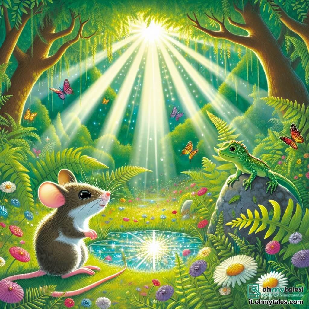 Illustration destinée aux enfants représentant une clairière enchantée dans un bois verdoyant, où des rayons de soleil filtrent à travers les feuilles des arbres, créant des motifs lumineux sur le sol tapissé de fleurs colorées. Au centre, une petite souris aux poils doux et soyeux, avec de grands yeux brillants et des oreilles arrondies, se tient debout sur ses pattes arrière, regardant avec curiosité un scintillant miroir d'eau entouré de fougères. À ses côtés, une lucertole verte aux écailles brillantes, perchée sur une pierre, sourit tout en racontant une histoire fascinante. La scène dégage une atmosphère de magie et d'aventure, avec des papillons colorés virevoltant autour et un léger vent faisant danser les fleurs, tandis que la souris et la lucertole échangent des regards complices, prêtes à explorer les mystères du bois.