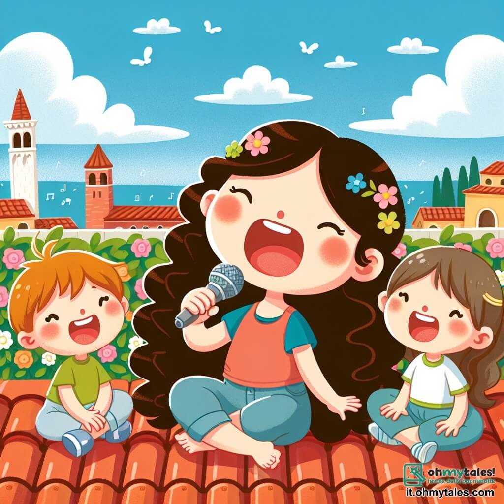 Une illustration destinée aux enfants représentant une jeune fille aux longs cheveux bouclés, assise sur un toit en tuiles rouges, chantant avec passion accompagnée de trois enfants, deux garçons et une fille, dans un joli jardin fleuri de la ville de Verona, sous un ciel bleu parsemé de nuages blancs cotonneux.