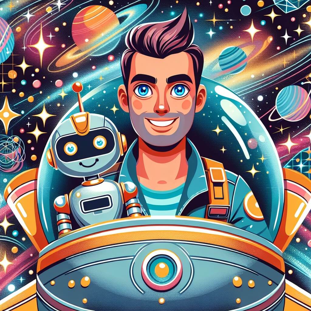 Une illustration destinée aux enfants représentant un homme intrépide, les yeux brillants d'émerveillement, naviguant à travers les étoiles à bord d'un vaisseau spatial futuriste, accompagné d'un robot souriant, dans un univers chatoyant rempli de planètes colorées et de nébuleuses scintillantes.