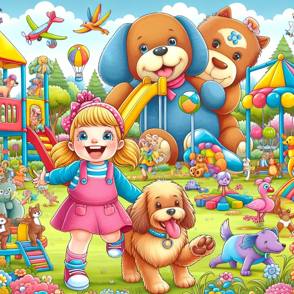 Une illustration destinée aux enfants représentant une petite fille espiègle et joyeuse, accompagnée de son chien rigolo, dans un parc coloré rempli de jeux et d'animaux en peluche géants.