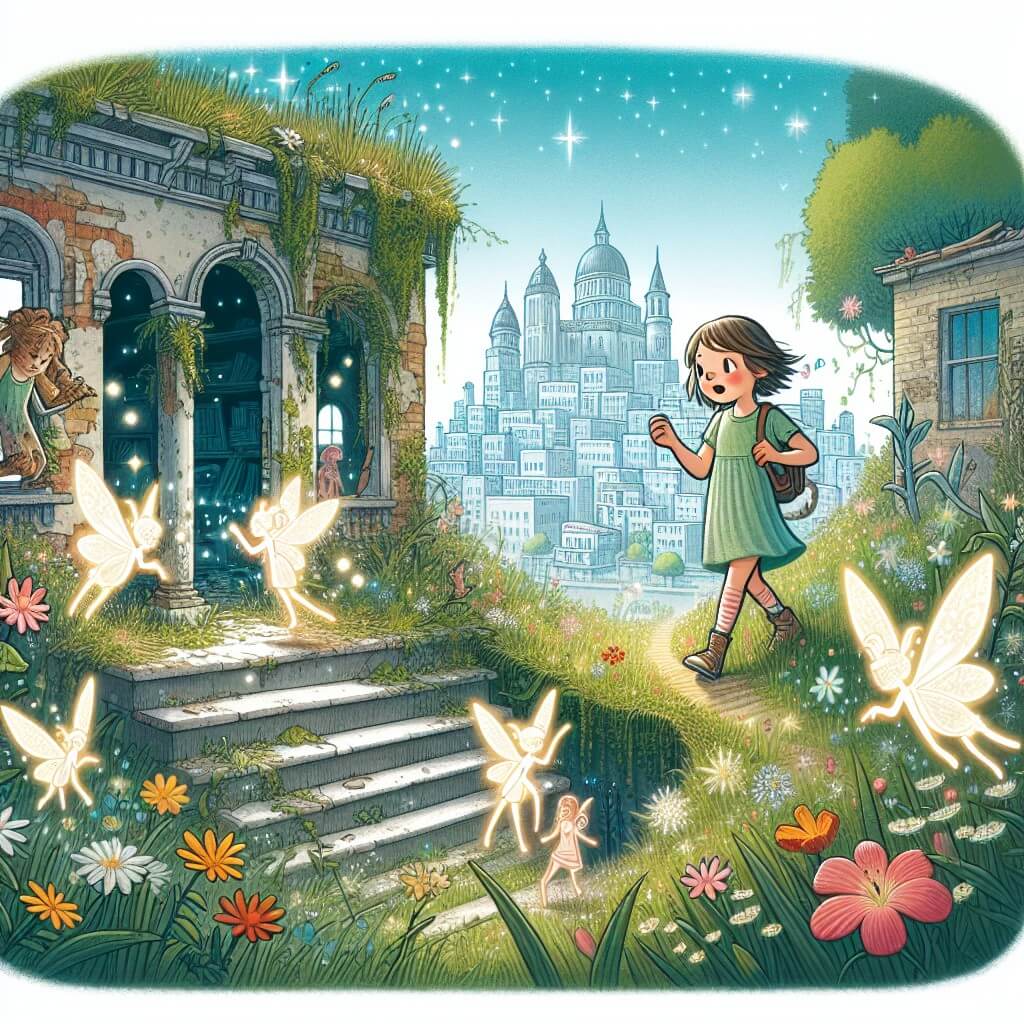 Une illustration destinée aux enfants représentant une jeune fille curieuse, plongée dans une aventure magique, accompagnée de fées étincelantes, dans un vieux bâtiment abandonné envahi par l'herbe et les fleurs, au cœur de la vibrante ville de Veritonia.