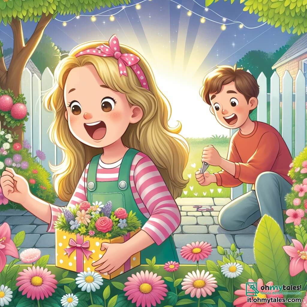 Une illustration destinée aux enfants représentant une fillette pleine d'enthousiasme préparant une surprise pour la fête des mères, accompagnée de son ami garçon, dans un jardin fleuri baigné de douces lumières de fin d'après-midi.