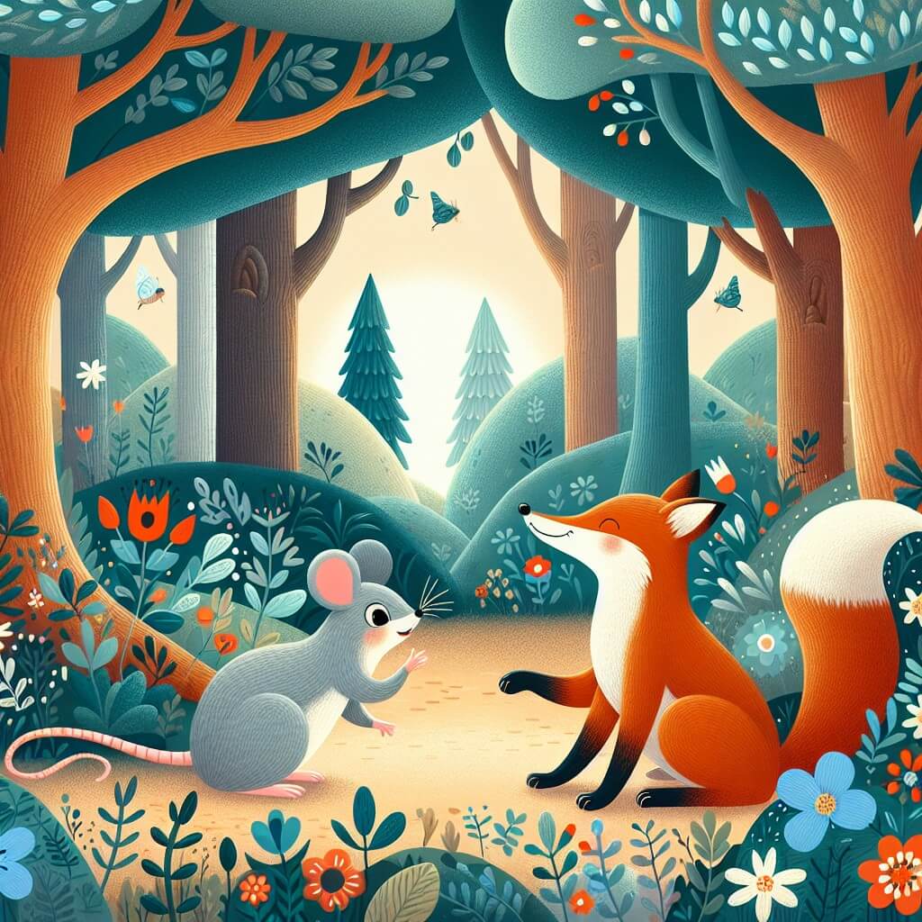 Une illustration destinée aux enfants représentant une souris espiègle et curieuse qui rencontre un renard amical dans une forêt enchantée, remplie d'arbres majestueux et de fleurs colorées.