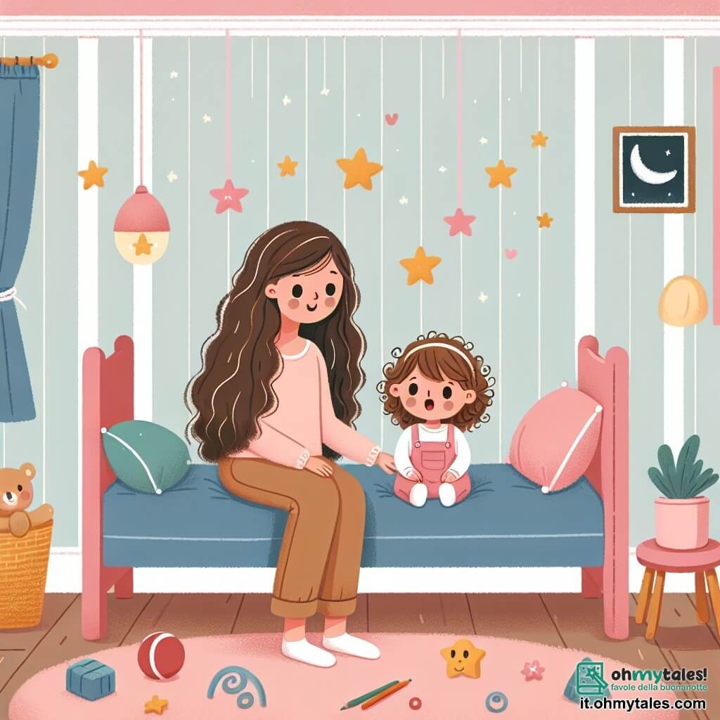 Une illustration sous forme de dessin destinée aux enfants représentant une chambre chaleureuse et douillette, avec des murs peints en pastel et des jouets colorés éparpillés sur le sol, où une petite fille de 1 an aux cheveux bouclés et aux yeux pétillants est assise sur son lit, regardant avec émerveillement une douce lumière en forme d'étoile qui brille à côté d'elle, tandis que sa maman, une femme souriante aux cheveux longs et bruns, est assise à ses côtés, lui tenant la main et lui racontant une histoire réconfortante pour apaiser sa peur du noir.